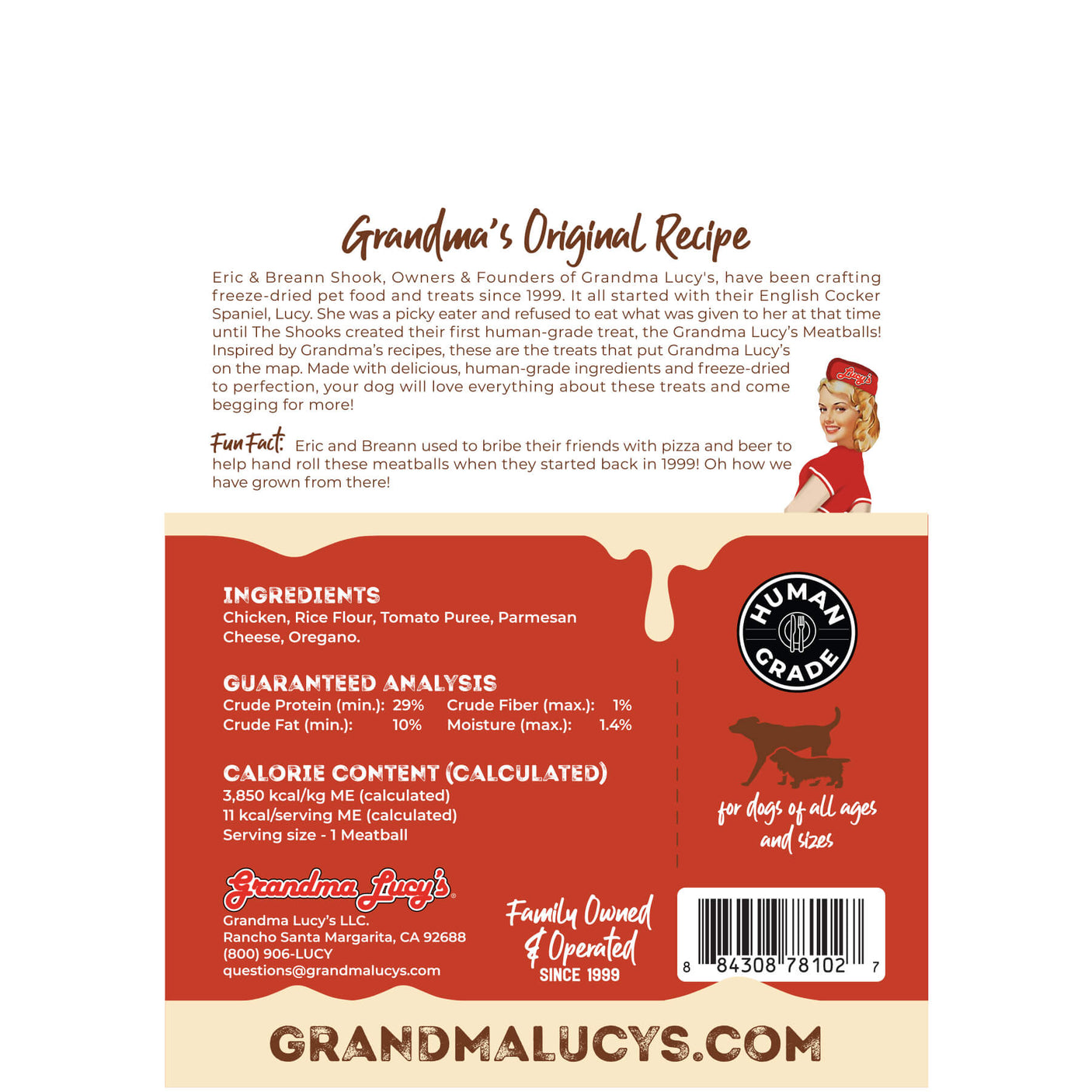 Back of Grandma Lucy's Cheeseburgers freeze-dried meatball dog treat bag, featuring nutritional information and a ingredients list.