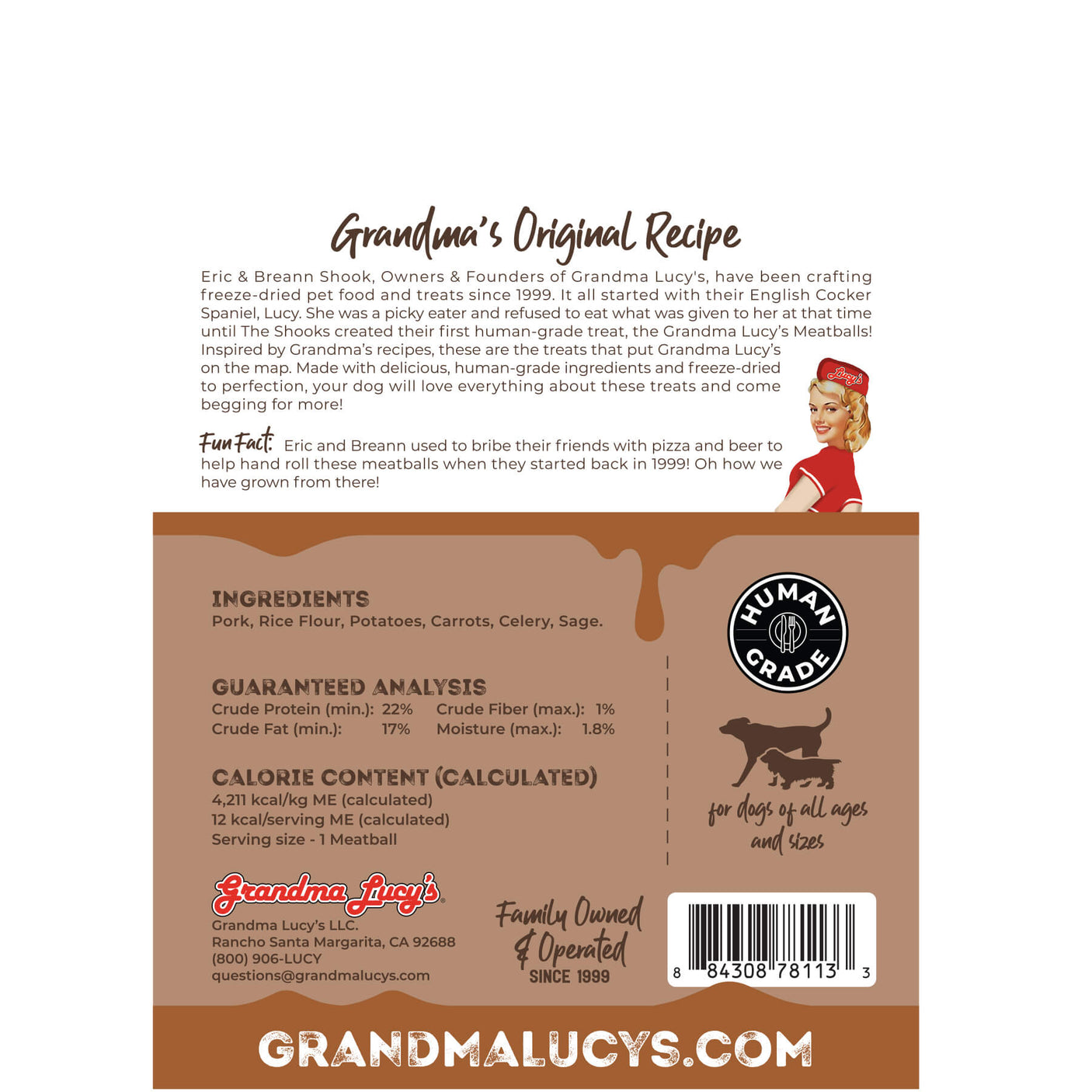 Back of Grandma Lucy's Pork Roast freeze-dried meatball dog treat bag, featuring nutritional information and a ingredients list.