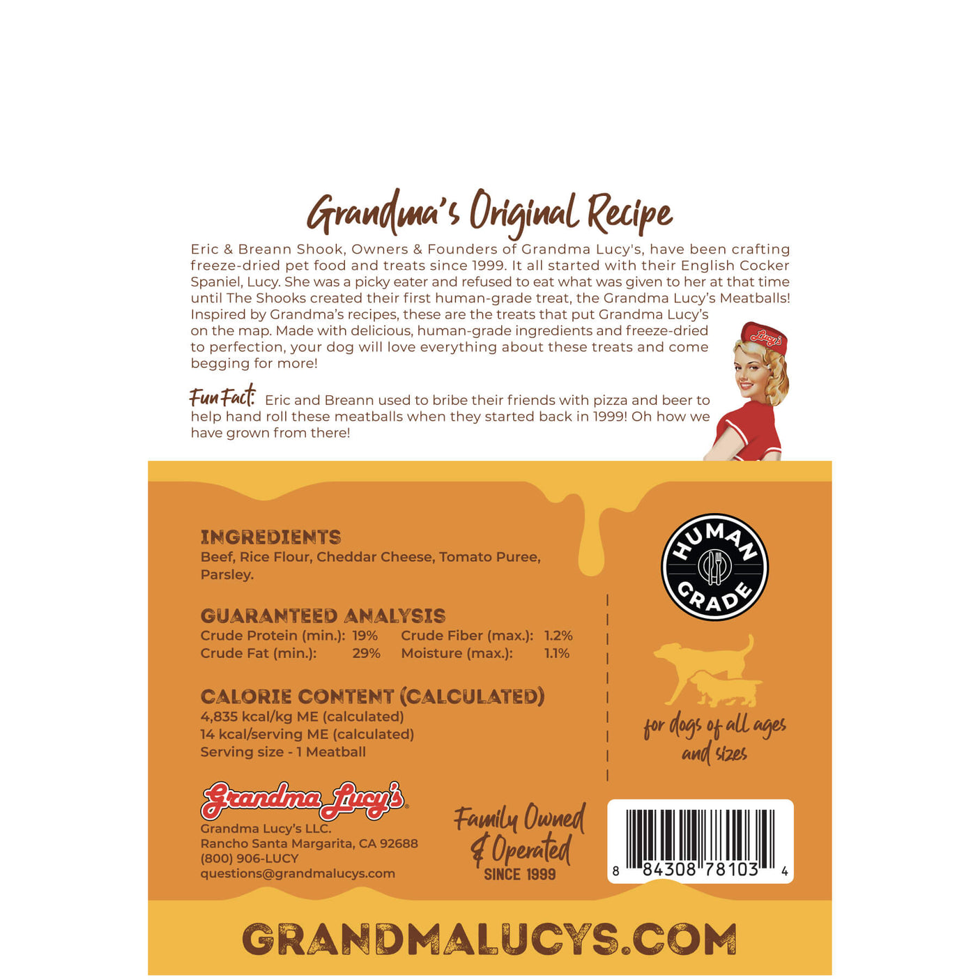 Back of Grandma Lucy's Cheeseburgers freeze-dried meatball dog treat bag, featuring nutritional information and a ingredients list.