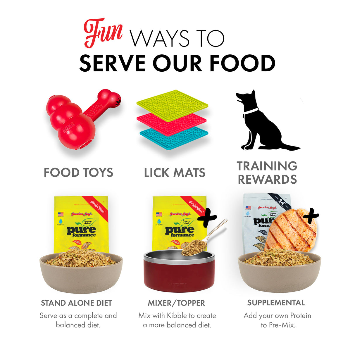 Unique and playful ways to present Grandma Lucy's freeze-dried dog food, making mealtime fun.