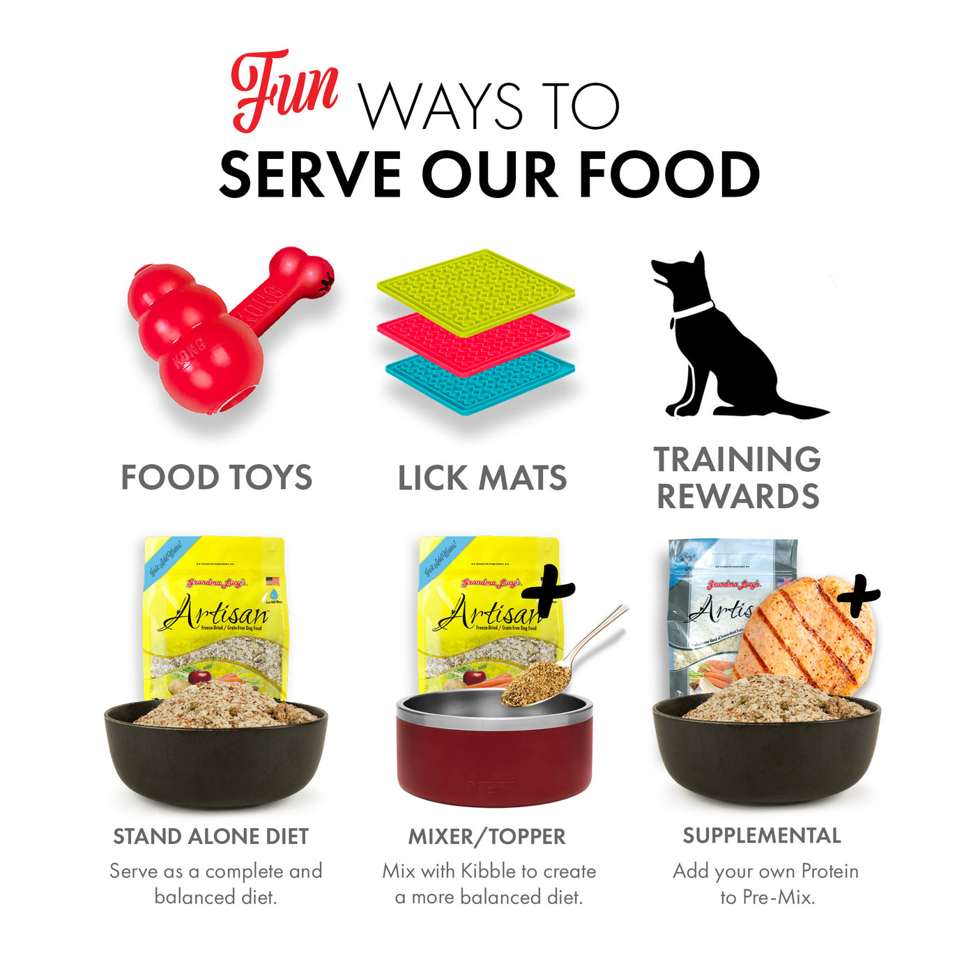 Unique and playful ways to present Grandma Lucy's freeze-died dog food, making mealtime fun.
