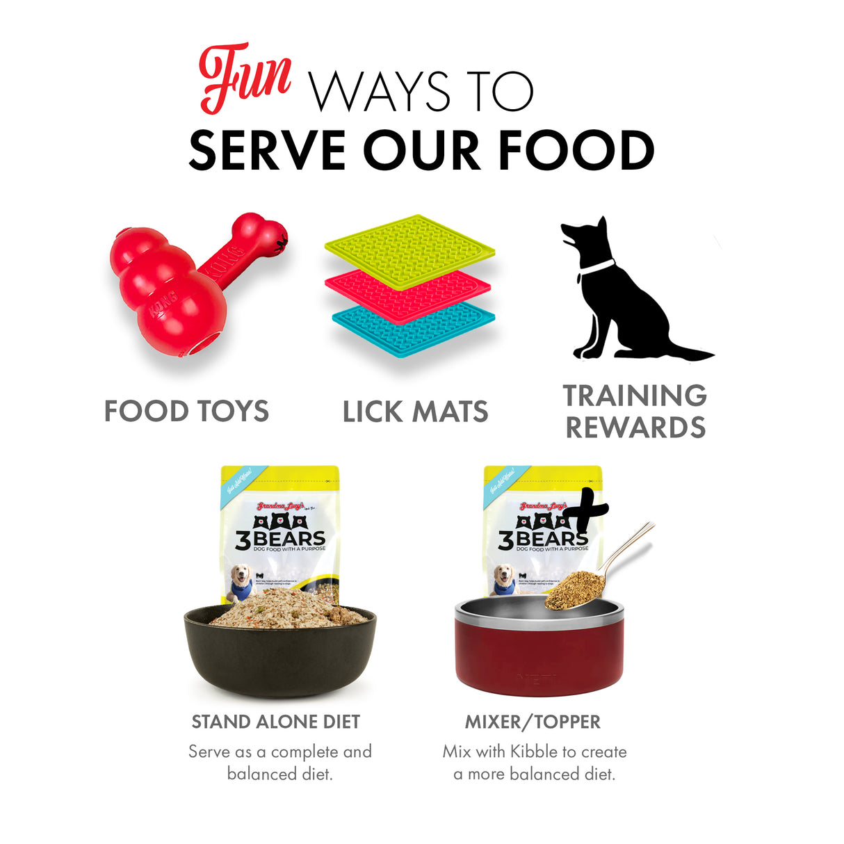 Unique and playful ways to present Grandma Lucy's freeze-dried dog food, making meals more enjoyable and visually appealing.
