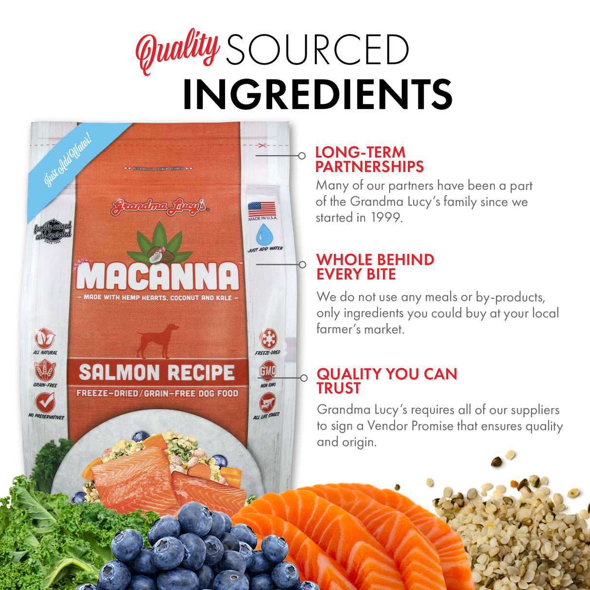 Image of Grandma Lucy's 3 Macanna salmon dog food bag highlighting quality sourced ingredients and key points about the recipe.