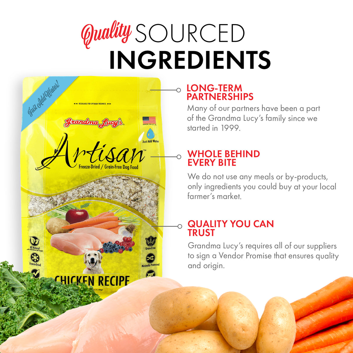 Image of Grandma Lucy's Artisan chicken dog food bag highlighting quality sourced ingredients and key points about the recipe.