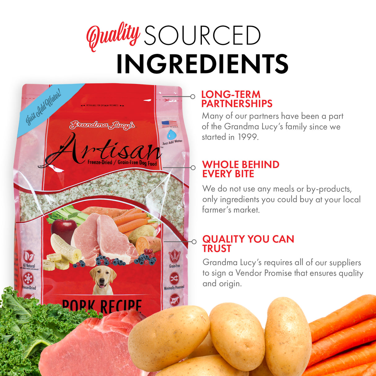 Image of Grandma Lucy's Artisan pork dog food bag highlighting quality sourced ingredients and key points about the recipe.