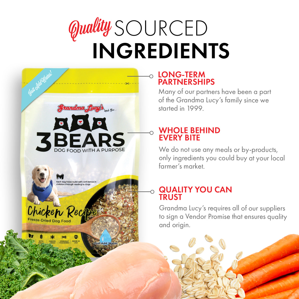 Image of Grandma Lucy's 3 Bears dog food bag highlighting quality sourced ingredients and key points about the recipe.