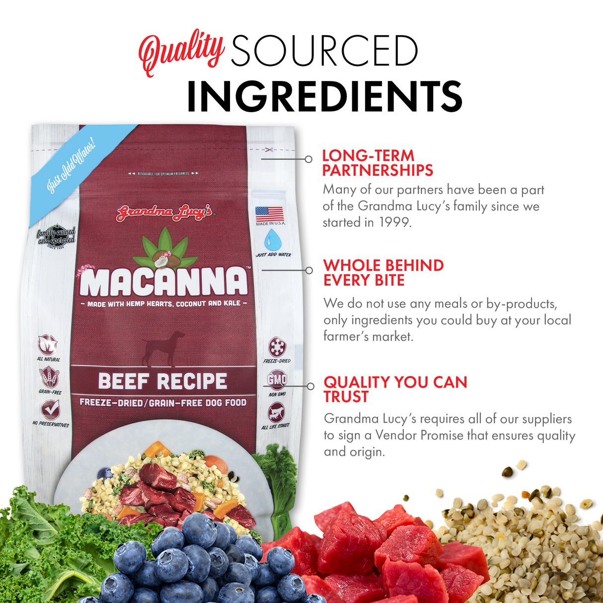 Image of Grandma Lucy's 3 Macanna beef dog food bag highlighting quality sourced ingredients and key points about the recipe.