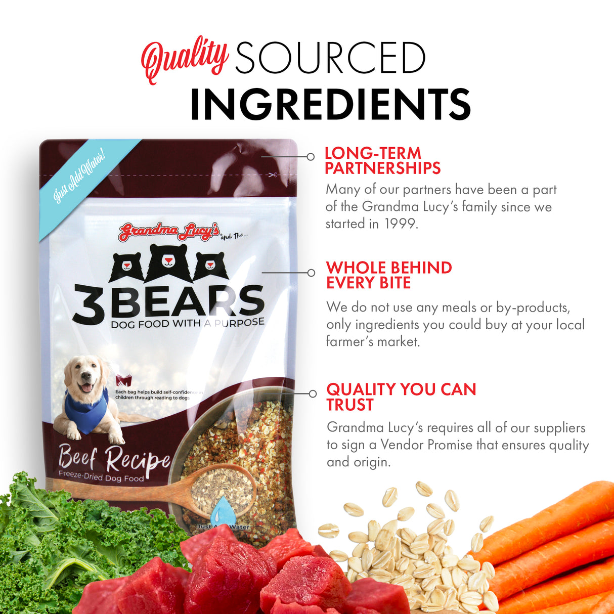 Image of Grandma Lucy's 3 Bears dog food bag highlighting quality sourced ingredients and key points about the recipe.