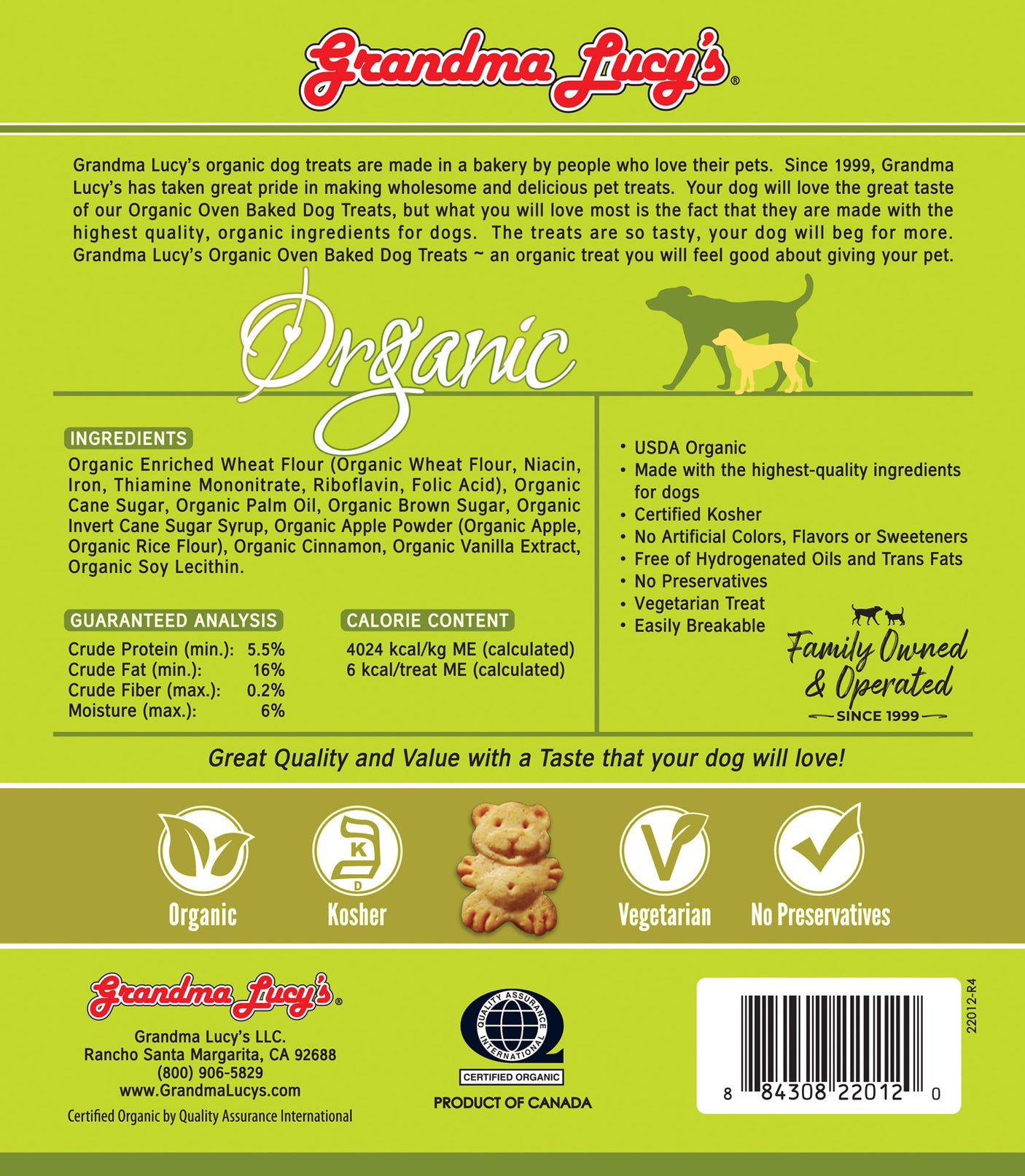 Back of Grandma Lucy's apple organic oven-baked dog treat bag, featuring nutritional information and a ingredients list.