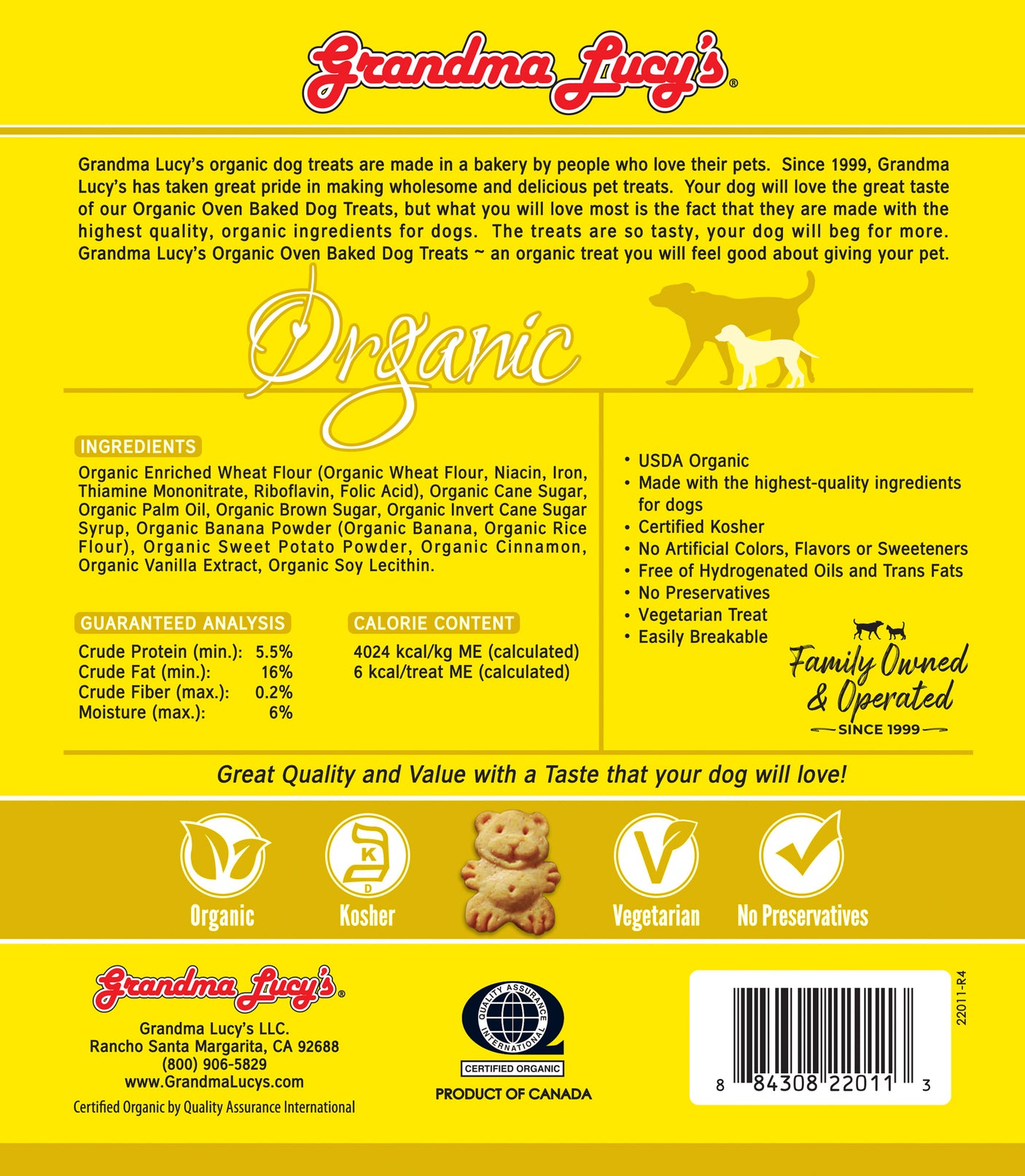 Back of Grandma Lucy's banana & sweet potato organic oven-baked dog treat bag, featuring nutritional information and a ingredients list.