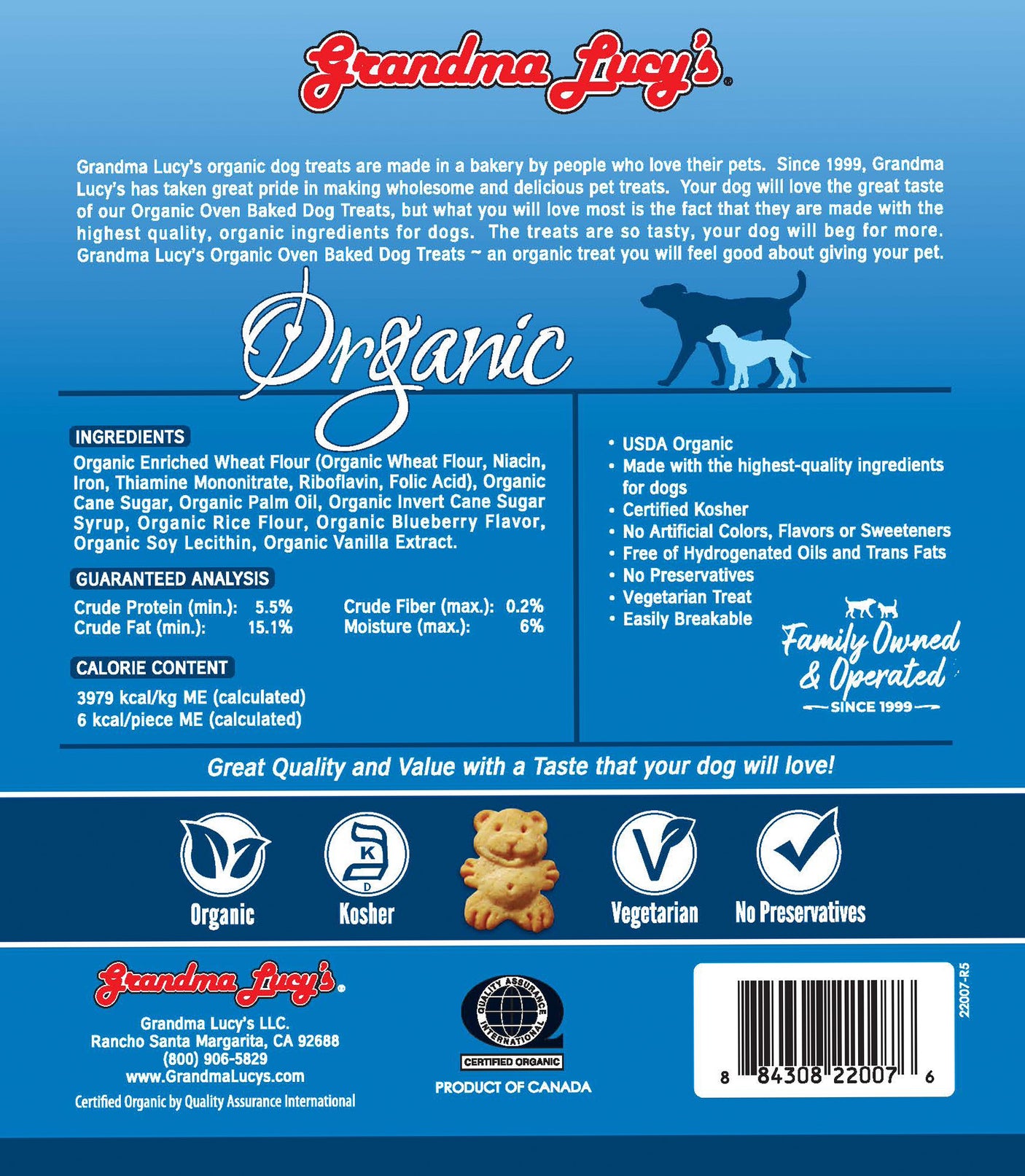 Back of Grandma Lucy's blueberry organic oven-baked dog treat bag, featuring nutritional information and a ingredients list.