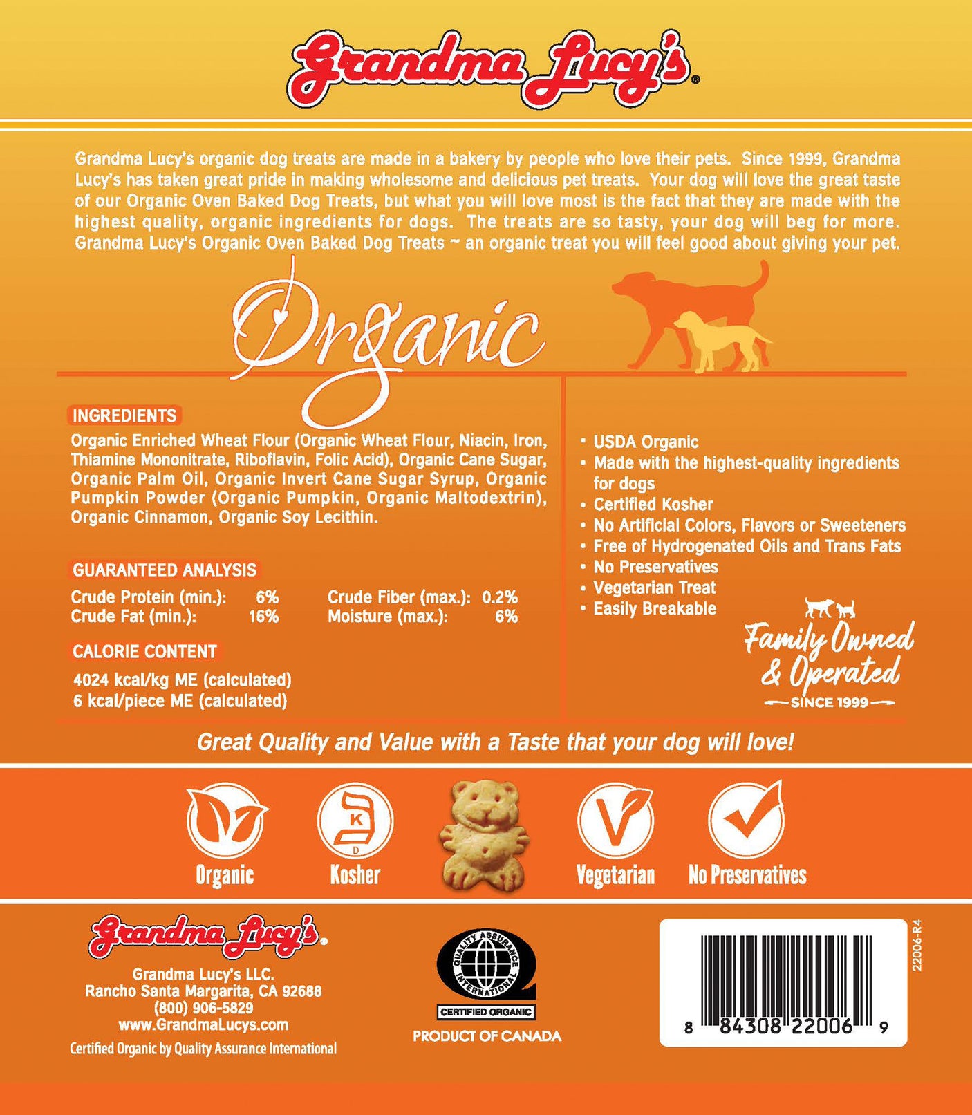 Back of Grandma Lucy's pumpkin organic oven-baked dog treat bag, featuring nutritional information and a ingredients list.