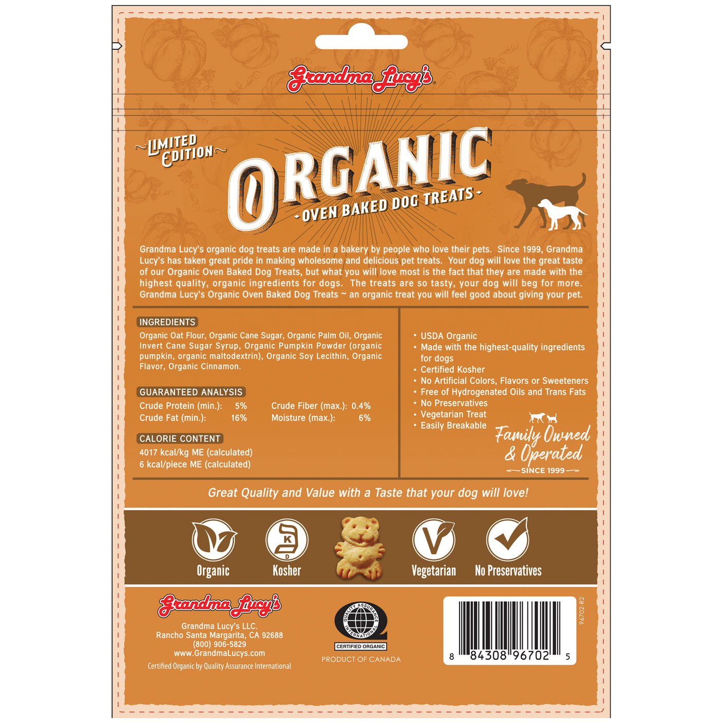 Back of Grandma Lucy's limited edition pumpkin pie organic oven-baked dog treat bag, featuring nutritional information and a ingredients list