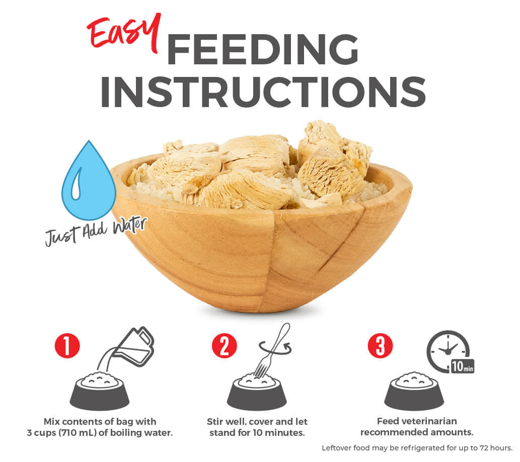 Feeding Instructions: Mix contents of bag with 3 cups (710mL) of boiling water. Stir well, cover and let stand for 10 minutes. Feed veterinarian recommended amounts. An easy bland diet to feed when recommended by veterinarians. Always in your cupboard when you need it. Available in Chicken and Rice, Pork, Rice and Pumpkin, Salmon and Rice.