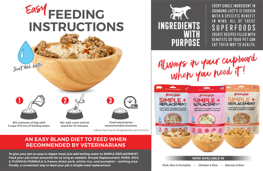 Feeding Instructions: Mix contents of bag with 3 cups (710mL) of boiling water. Stir well, cover and let stand for 10 minutes. Feed veterinarian recommended amounts. An easy bland diet to feed when recommended by veterinarians. Always in your cupboard when you need it. Available in Chicken and Rice, Pork, Rice and Pumpkin, Salmon and Rice.