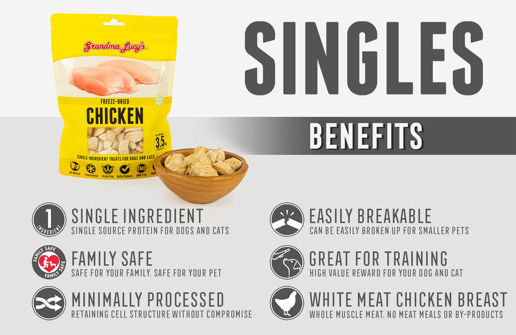 Singles Benefits: Single Ingredient, Family Safe, Minimally Processed, Easily Breakable, Great for Training, White meat chicken breast