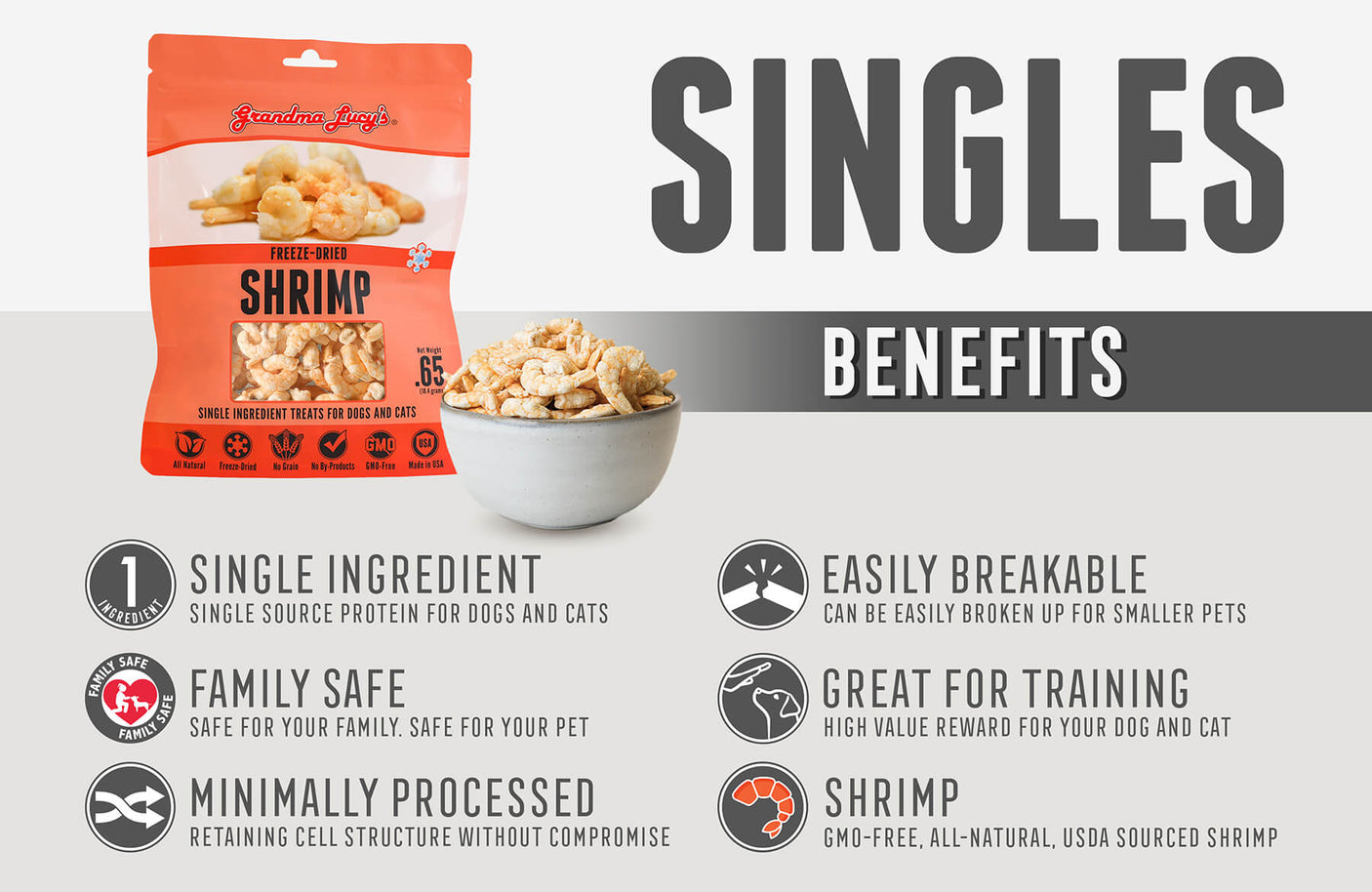 Singles Benefits: Single Ingredient, Family Safe, Minimally Processed, Easily Breakable, Great for Training, Freeze-Dried