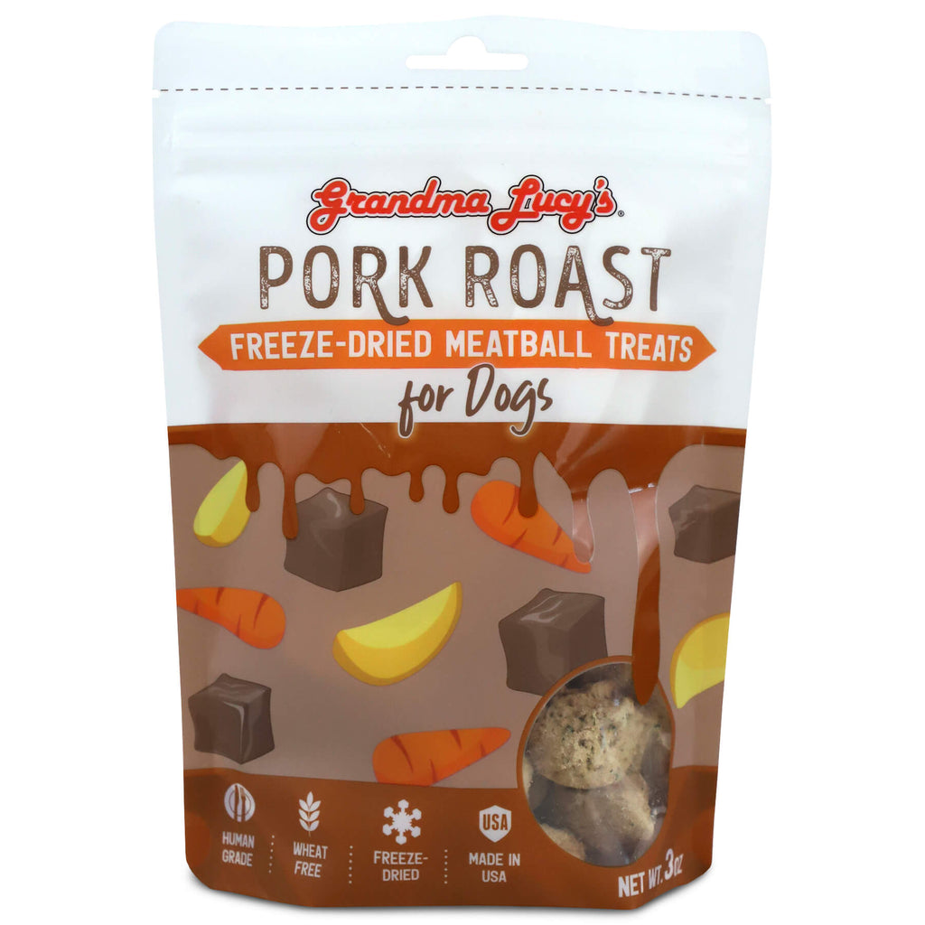 Front view of Grandma Lucy's Pork Roast freeze-dried meatball dog treats. 