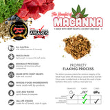 A display of Grandma Lucy's freeze-dried Macanna beef dog food, highlighting healthy ingredients and key benefits of the recipe. 
