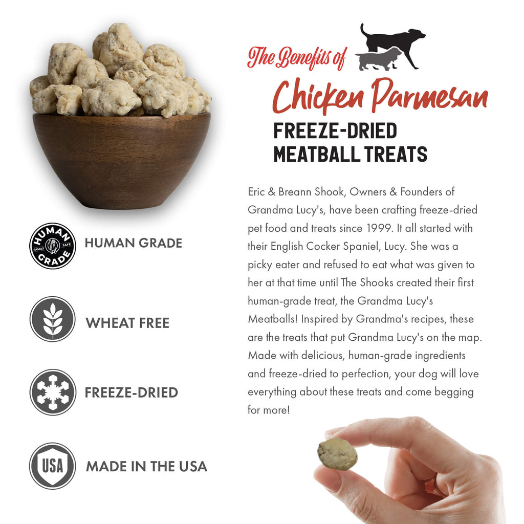Grandma Lucy's Freeze-dried meatball dog treats benefits: Human grade, wheat free, freeze-dried, made in the USA.