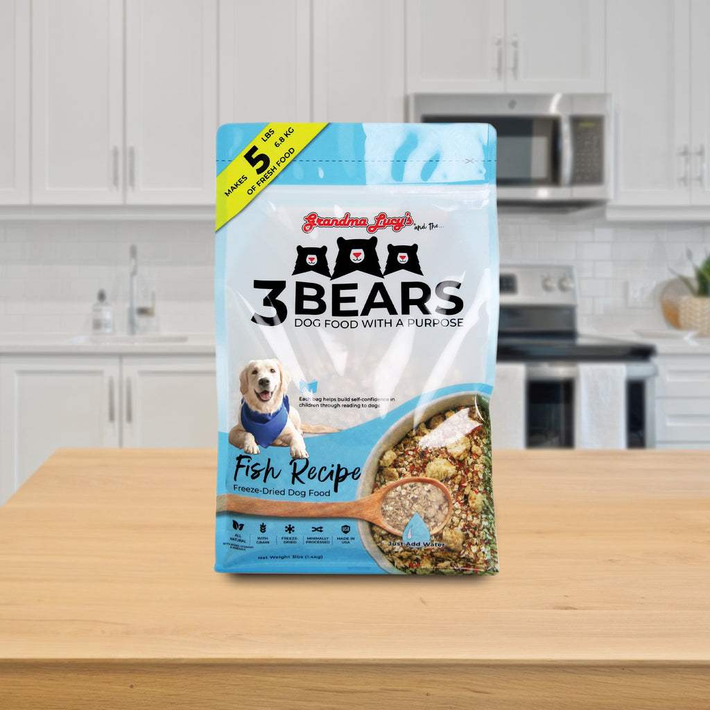 A 1 lb bag of Grandma Lucy's 3 Bears fish dog food displayed on a kitchen counter