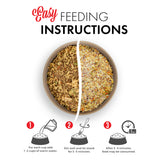 Visual guide of rehydrated and dehydrated food difference including a divided bowl and three steps, highlighting Grandma Lucy's Pureformance fish freeze-dried dog food.