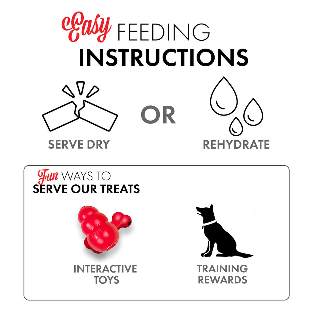Feeding instructions: serve dry or rehydrate. Serve in interactive dog toys or use as training rewards. 