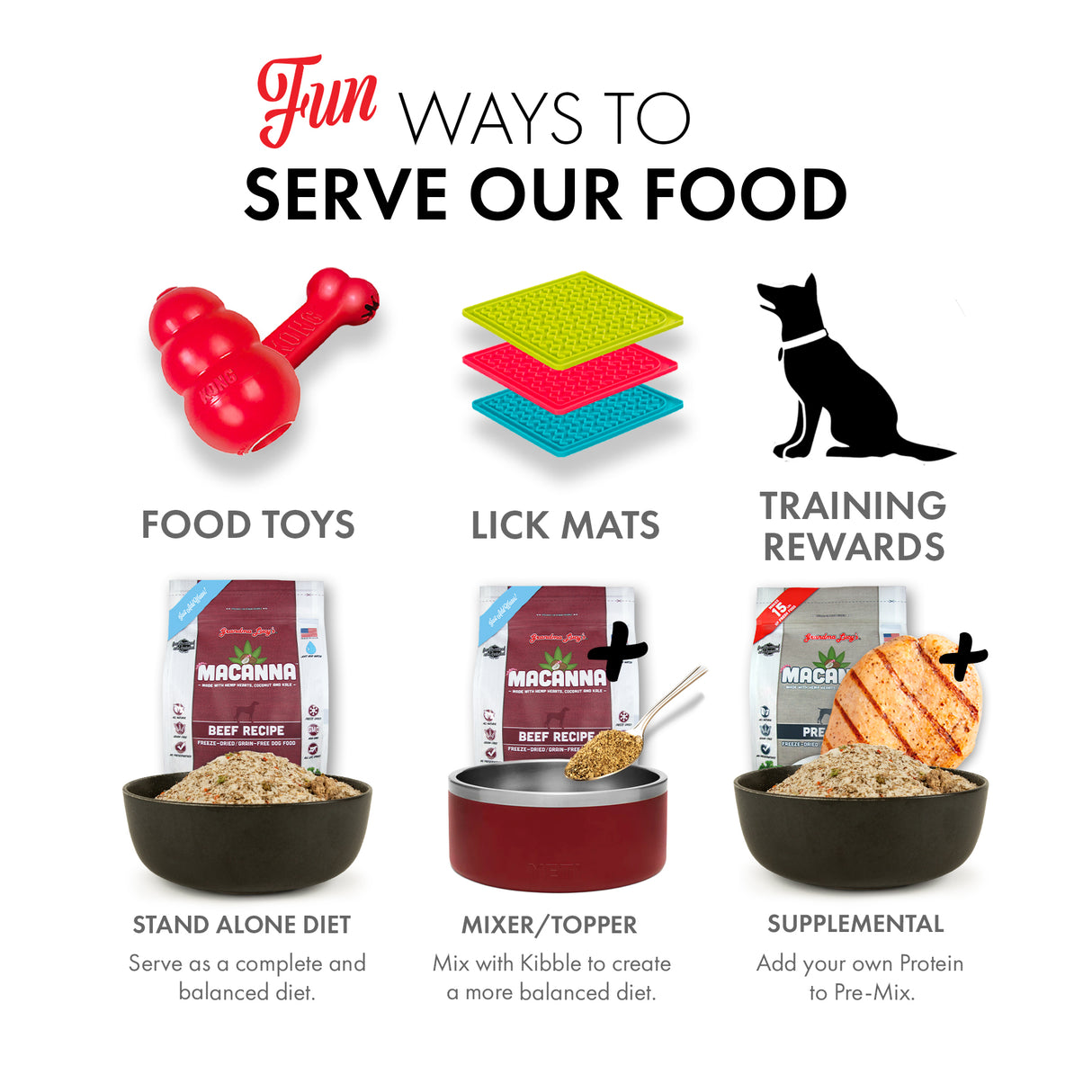 Unique and playful ways to present Grandma Lucy's freeze-dried dog food, making mealtime fun.