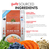 Image of Grandma Lucy's 3 Macanna salmon dog food bag highlighting quality sourced ingredients and key points about the recipe.