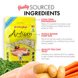 Image of Grandma Lucy's Artisan chicken dog food bag highlighting quality sourced ingredients and key points about the recipe. 