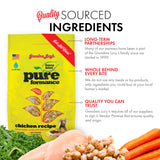 Image of Grandma Lucy's Pureformance chicken dog food bag highlighting quality sourced ingredients and key points about the recipe.