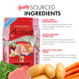 Image of Grandma Lucy's Artisan pork dog food bag highlighting quality sourced ingredients and key points about the recipe.