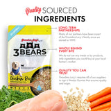 Image of Grandma Lucy's 3 Bears dog food bag highlighting quality sourced ingredients and key points about the recipe.