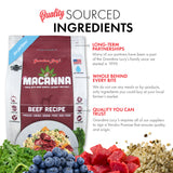 Image of Grandma Lucy's 3 Macanna beef dog food bag highlighting quality sourced ingredients and key points about the recipe.