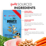 Image of Grandma Lucy's Pureformance fish dog food bag highlighting quality sourced ingredients and key points about the recipe.