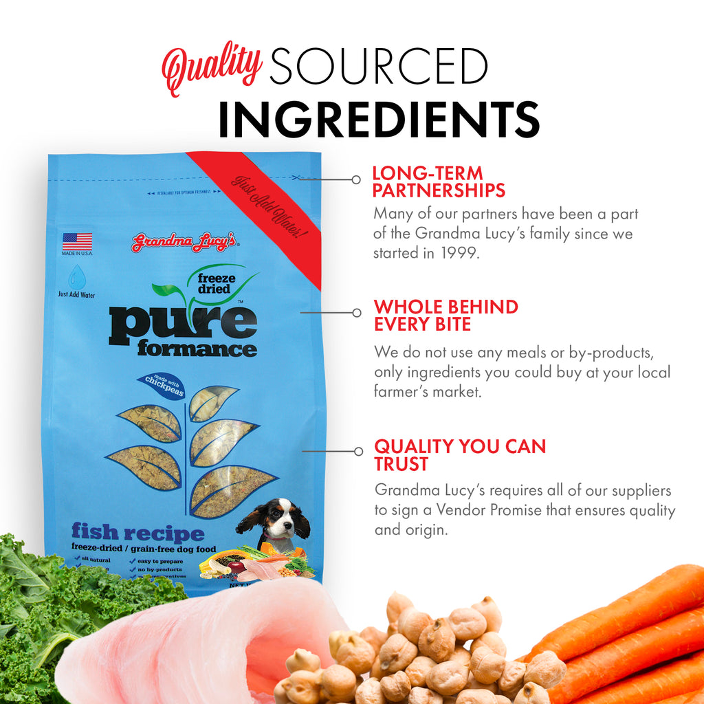 Image of Grandma Lucy's Pureformance fish dog food bag highlighting quality sourced ingredients and key points about the recipe.
