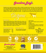 Back of Grandma Lucy's banana & sweet potato organic oven-baked dog treat bag, featuring nutritional information and a ingredients list.