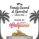 Family-owned since 1999, featuring a dog bowl of freeze-dried food and palm trees, representing Southern California pride.