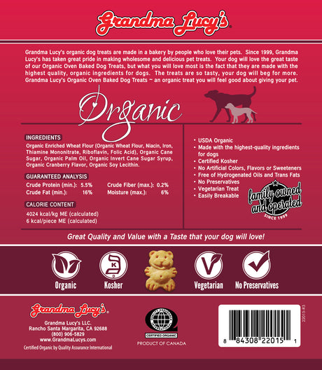 Back of Grandma Lucy's cranberry organic oven-baked dog treat bag, featuring nutritional information and a ingredients list.