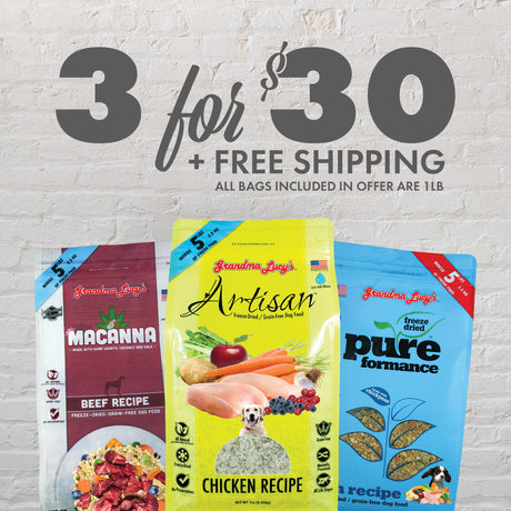 Bundle of three 1lb bags of Grandma Lucy's grain-free dog food: chicken, fish, and beef behind a white brick backround featuring "3 for $30, free shipping" text.
