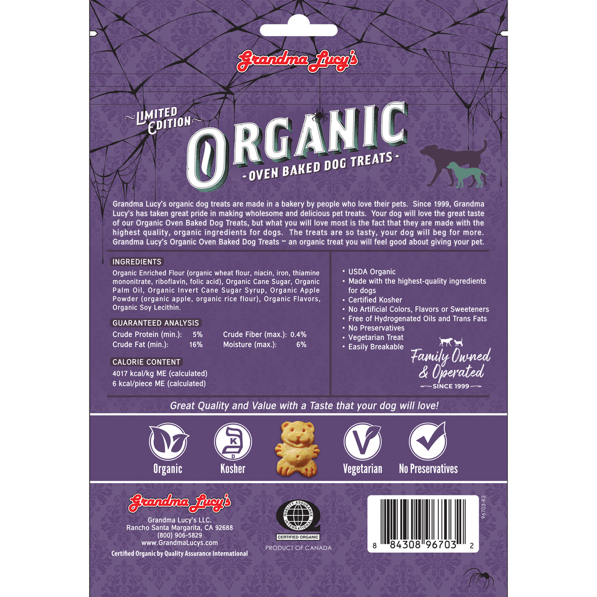 Back of Grandma Lucy's caramel apple organic oven-baked dog treat bag, featuring nutritional information and a ingredients list