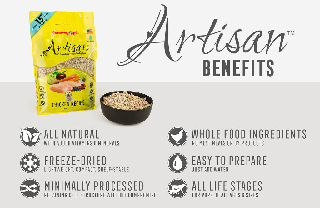 Grandma Lucy's Artisan dog food bag and bowl display, emphasizing key nutritional benefits in text.