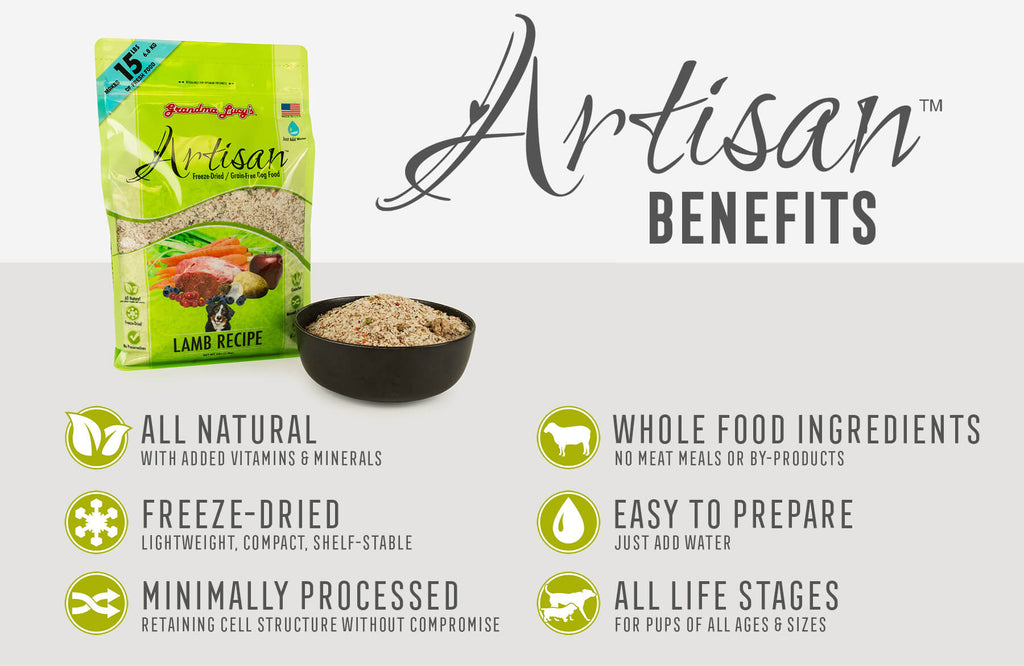 Grandma Lucy's Artisan lamb dog food bag and bowl display, emphasizing key nutritional benefits in text