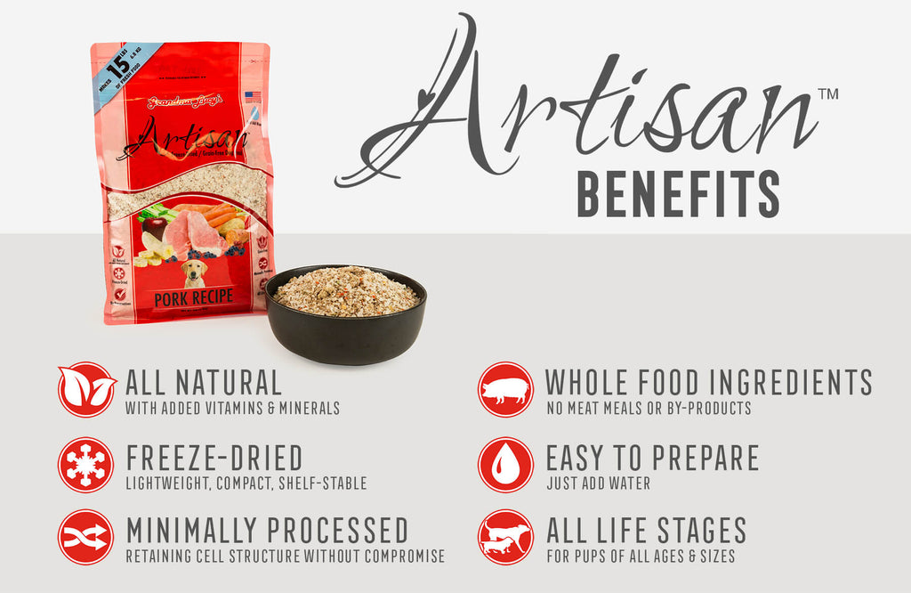 Grandma Lucy's Artisan pork dog food bag and bowl display, emphasizing key nutritional benefits in text.