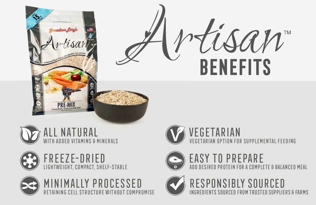 Grandma Lucy's pre-mix dog food bag and bowl display, emphasizing key nutritional benefits in text.