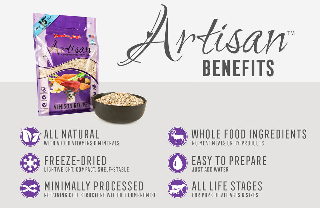 Grandma Lucy's Artisan venison dog food bag and bowl display, emphasizing key nutritional benefits in text