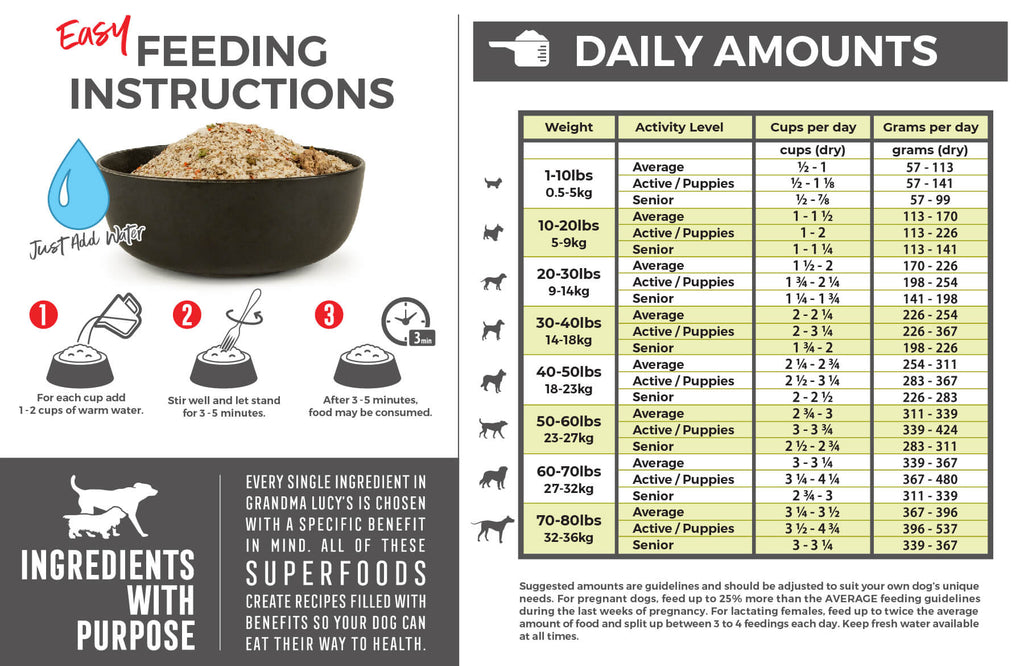 Daily feeding amounts for Artisan dog food and three step feeding instructions visual. Call 1-800-906-5829 for assistance.
