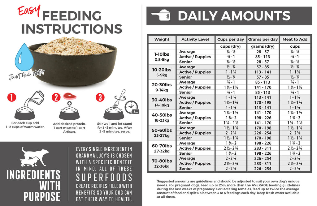 Daily feeding amounts for Artisan pre-mix dog food and three step feeding instructions visual. Call 1-800-906-5829 for assistance.
