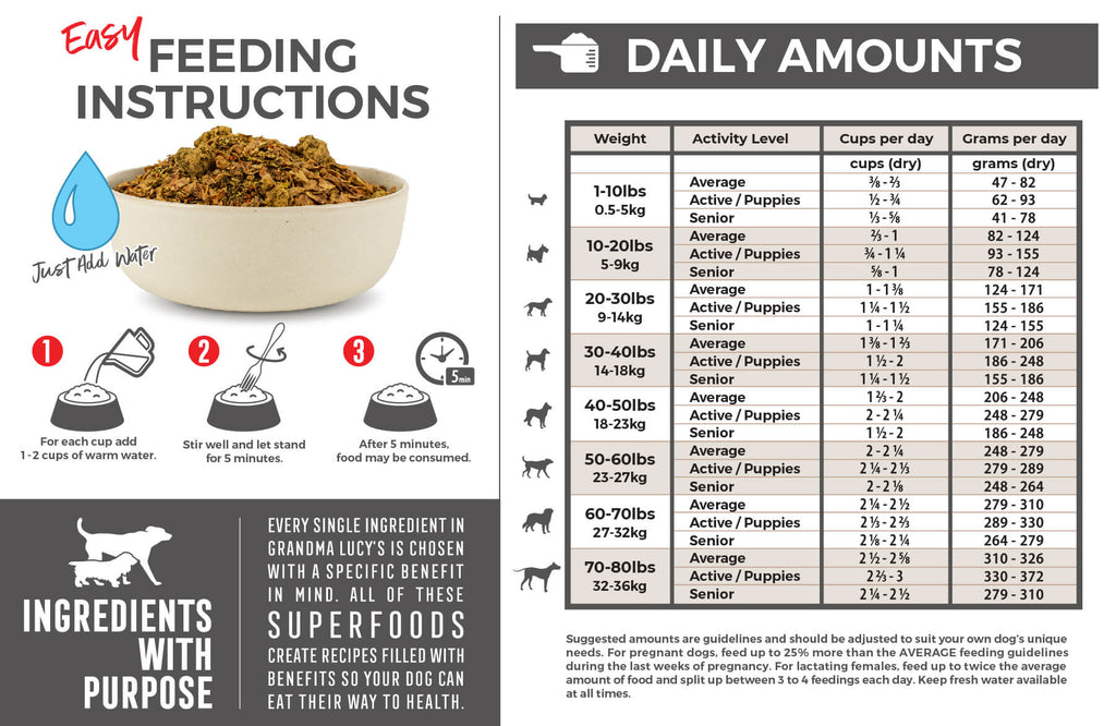 Daily feeding amounts for Macanna turkey dog food and three-step feeding instructions visual. Call 1-800-906-5829 for assistance.