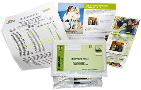 Nutriscan kit which includes saliva test, instructions and a mailer